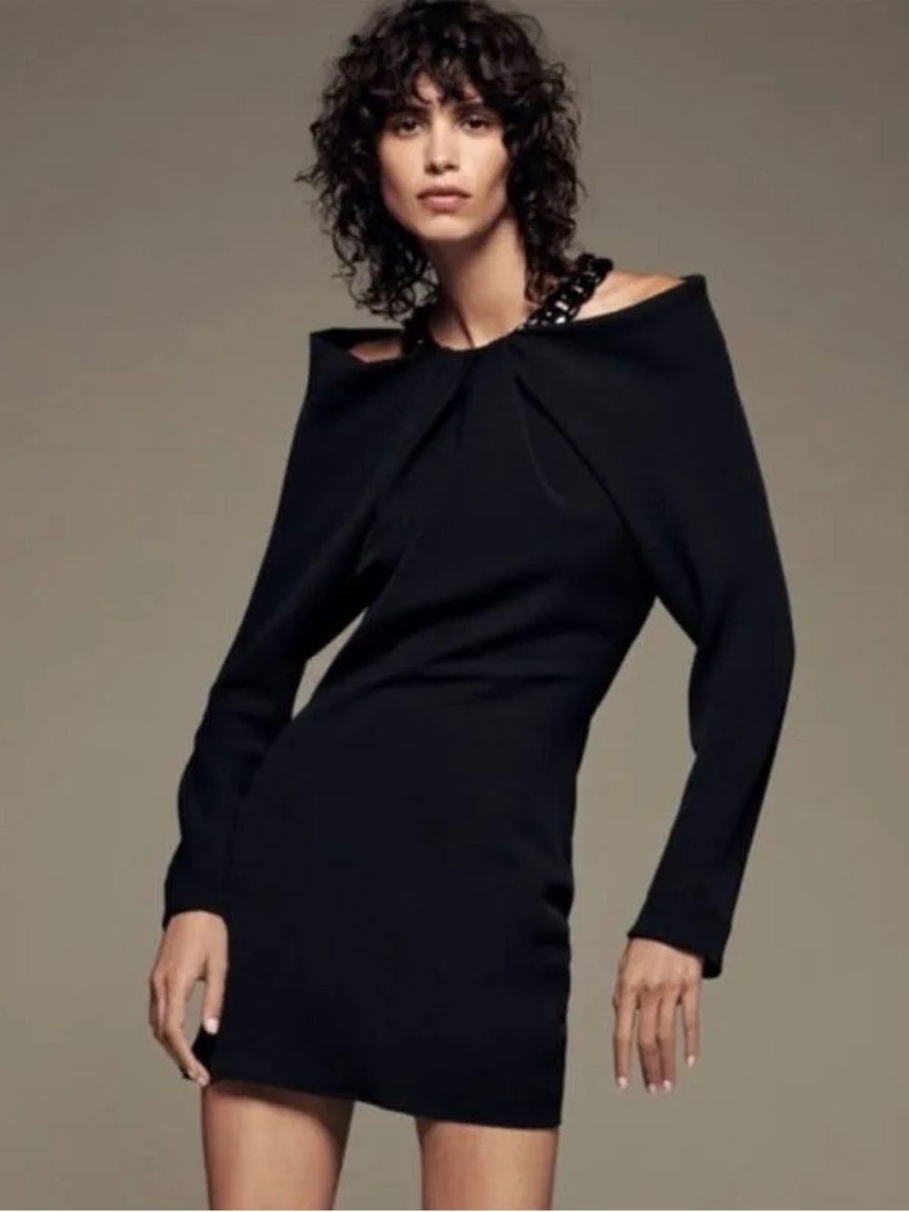 Zara Black Off-Shoulder Long Sleeve Mini Dress with Sculpted Neckline